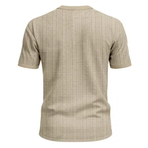 Detailed back view of khaki men's casual short sleeve T-shirt with retro slub texture