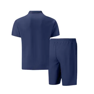 Back view of men's navy waffle knit polo shirt and shorts casual set