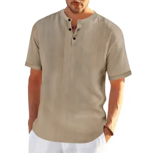Detailed close-up view showing the vintage slub texture of a men's khaki casual Henley shirt