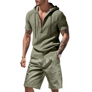 Casual men's linen hooded shirt and shorts set in sage green for summer beach wear