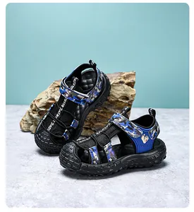 Detailed side view of boys closed-toe camo sandals with breathable mesh and velcro