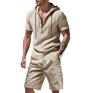 Detailed view of men's beige linen hooded short-sleeve shirt and matching shorts set