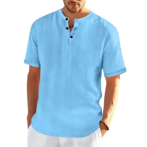 Detail view of light blue men's slub texture Henley shirt with buttoned collar