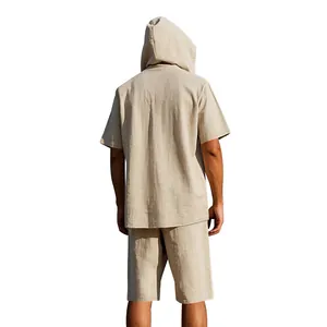 Rear view of men's beige linen hooded shirt and shorts set for summer beachwear