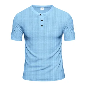 Detail view of light blue men's Henley shirt featuring textured slub fabric