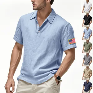 Heren Zomer Linnen Poloshirt Amerikaanse Vlag Borduurwerk Korte Mouw Casual Ademend Top Effen Kleur Britse Gentleman Kleding