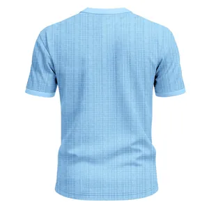 Back view of light blue men's casual short sleeve T-shirt with textured slub fabric