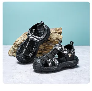 Boys closed-toe sports sandals with camouflage straps and durable non-slip soles in gray