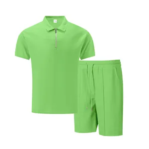 Men's summer casual waffle knit set featuring a zipper polo shirt and matching shorts in green