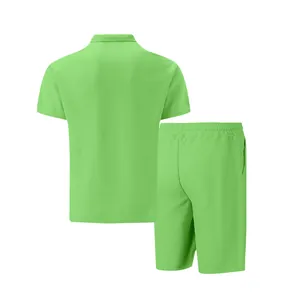 Back view of men's lime green waffle knit short sleeve polo shirt and shorts set