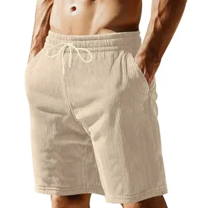 Pantalones cortos retro de pana para hombre en color beige con cintura con cordón