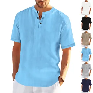 Men's Vintage Slub Texture Henley Shirt Casual Short Sleeve Loose Fit Polyester Knitted Tee Top Summer Fashion