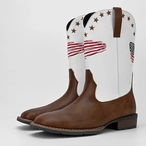 Men's square-toe cowboy boots with American flag stars and stripes design detail.