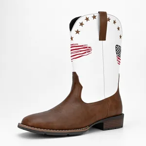 Side view detail of men's square-toe cowboy boots featuring an American flag design