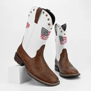 Detailed view of square-toe cowboy boots featuring American flag and star patterns