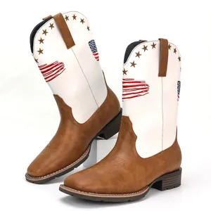 Stylish men's square-toe western cowboy boots featuring patriotic US flag and star patterns