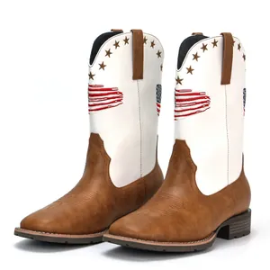 Men's square toe cowboy boots with brown leather and white American flag star embroidery