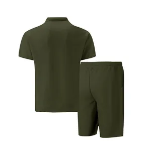 Back view of men's olive green waffle knit short sleeve polo and shorts casual set