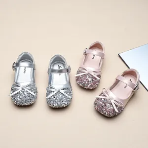 Girls Sequin Princess Shoes Shiny Bow Mary Jane Flats Toddler Soft Sole Dress Shoes Fashion Kids Leather Single Shoes