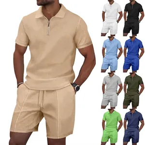 Men Summer Waffle Knit Short Sleeve Polo Shirt And Shorts Top And Bottom Casual Solid Color Zipper Lapel Two Piece Outfit