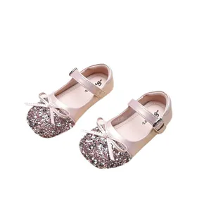 Sparkly pink sequined girls' princess shoes with elegant bow and strap decoration