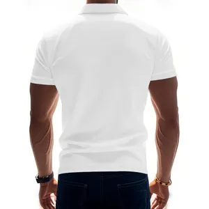 Rear view detail of a minimalist white short-sleeved quick-dry polo shirt for men