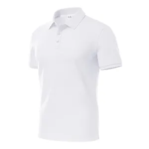 Detail view of the fine textured mesh fabric on the white short-sleeve polo shirt.