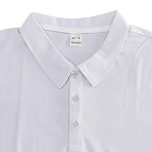 Detail shot of white quick-dry polo shirt collar with size M 100% polyester tag.