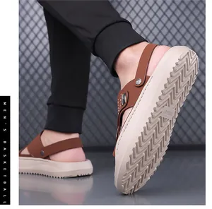 Detail view of men's brown sandals featuring non-slip soft soles and rotating heel straps