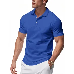 Close-up of a classic royal blue short-sleeved polo shirt with quick-dry fabric
