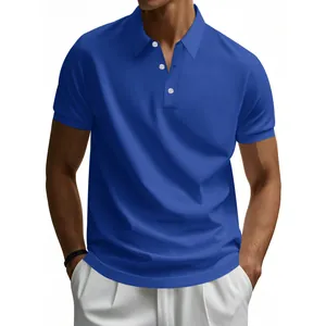 Detail of a classic royal blue short sleeve polo shirt with three-button placket