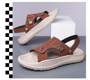 Close-up detail of brown leather men's dual-use sandals with white non-slip soft sole