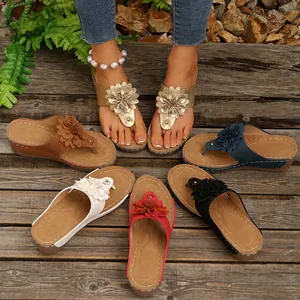 Summer wedge thong sandals for women featuring elegant floral decorations in multiple colors