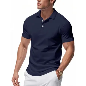 Close-up detail of navy blue quick-dry polo shirt with white buttons and collar detail