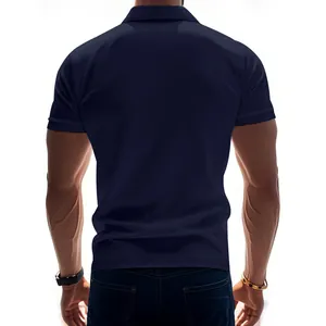 Back view of men's slim fit navy quick-dry polo shirt highlighting athletic silhouette