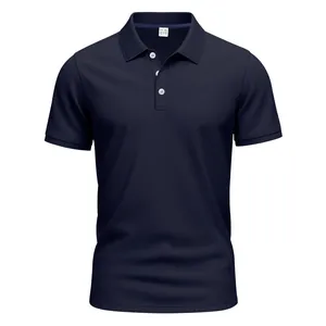 Close-up of navy blue quick-dry polo shirt with mesh texture and white buttons