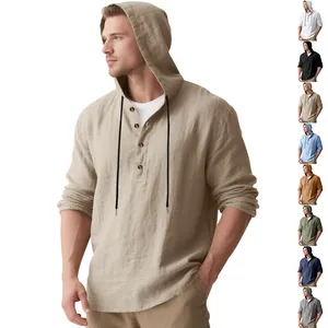 Camisa Henley de lino con capucha para hombre en varios colores, incluidos caqui y azul.