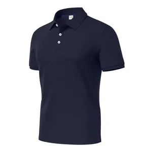 Detailed side view of navy blue quick-dry polo shirt with textured fabric and buttons