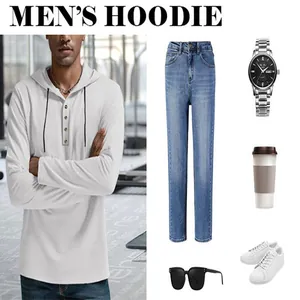 Camiseta Henley con capucha de lino blanco para hombre con accesorios casuales varios