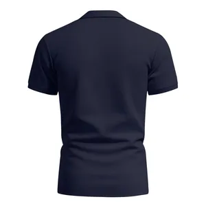 Back view of a navy blue polo shirt featuring a textured quick-dry diamond knit fabric
