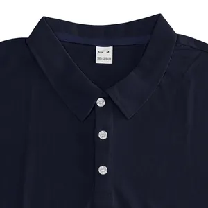 Detailed close-up of navy blue quick-dry polo shirt collar featuring white buttons.