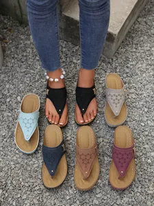 Women's wedge flip-flop sandals with laser-cut patterns in multiple trendy colors