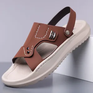 Stylish men's brown non-slip beach sandals with soft soles and dual-wear strap design.