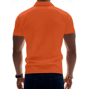 Detailed back view of a vibrant orange quick-dry polo shirt featuring a modern athletic fit