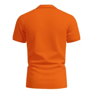 Back view of orange quick-dry polo shirt showing breathable pique fabric texture.