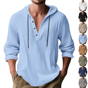 Camisa Henley de Lino Casual para Hombre Manga Larga Holgada con Capucha Top de Playa Yoga Transpirable Tejido Color Sólido
