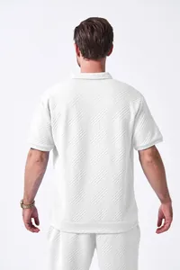 Back view detail of men's summer white jacquard casual shirt and shorts set outfit