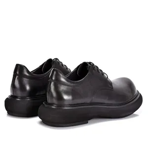Schwarze Plateau-Derby-Schuhe aus echtem Leder für Herren mit dicker Sohle und runder Kappe