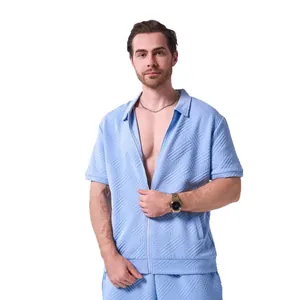 Men's summer jacquard knit zip-up polo cardigan in light blue color
