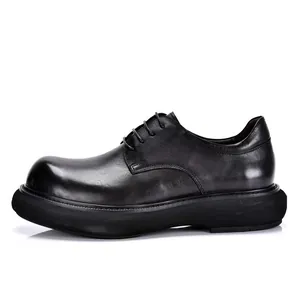 Klassische schwarze Derby-Schuhe aus echtem Leder mit dicker Sohle und runder Zehenpartie